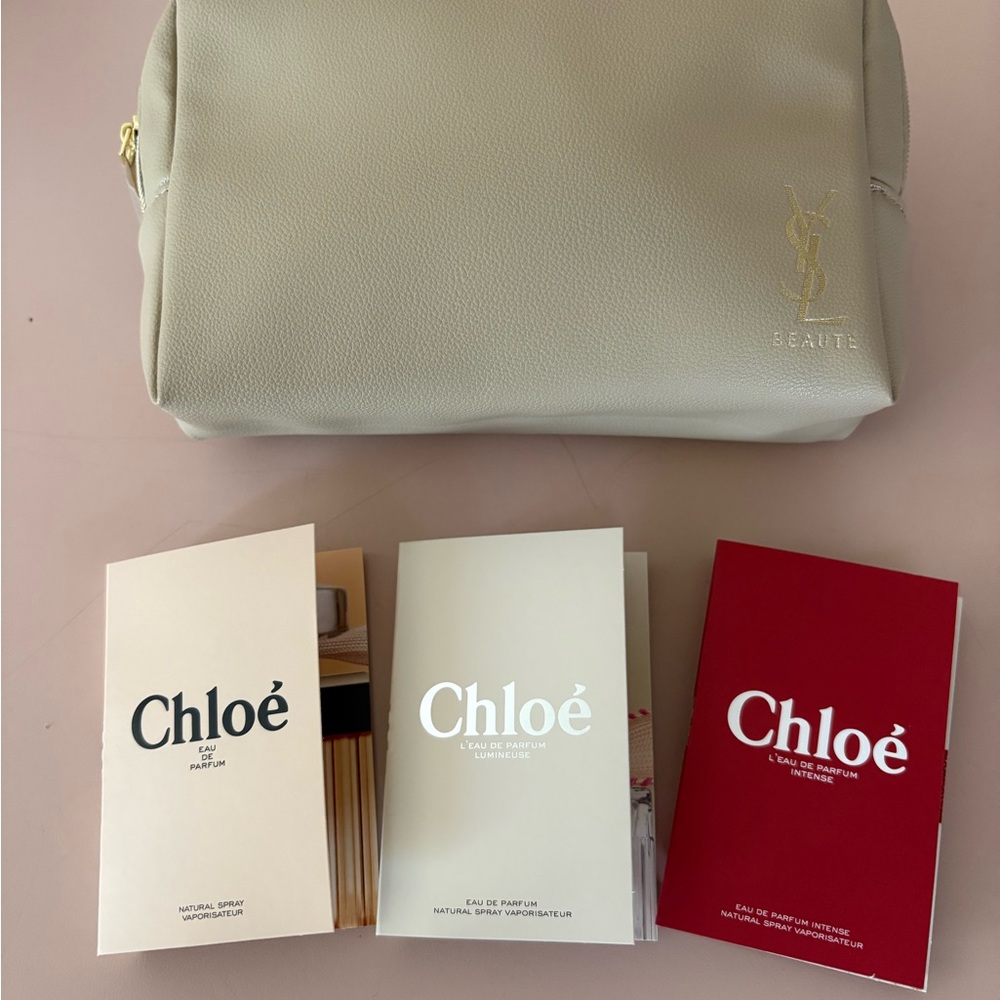 Yves Saint Laurent Beaute Cream Cosmetic Pouch with 3 Chloe Perfume samples